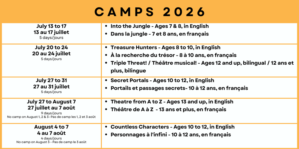 Camps 2026 dates age themes 8x4 2